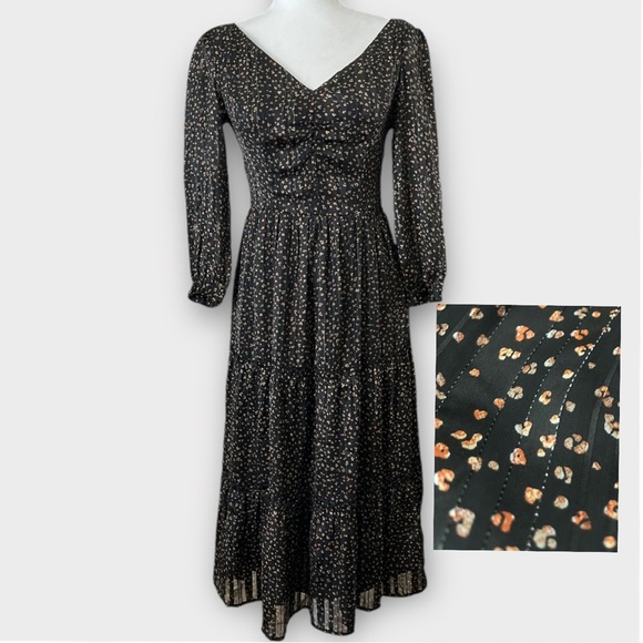 Japna Size Small Black Metallic Print Bohemian Peasant Tiered Midi Sheer Dress - Picture 1 of 11